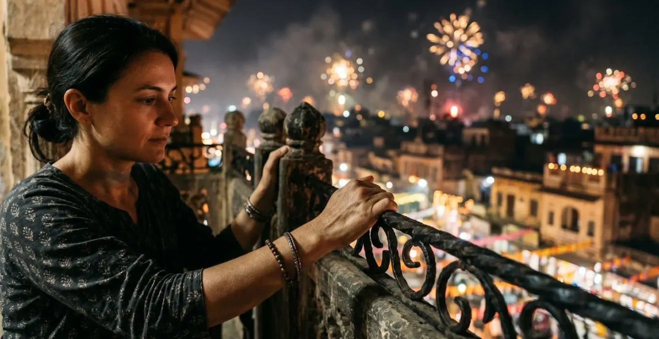 Female traveler checking balcony safety features during Diwali with fireworks in distant sky