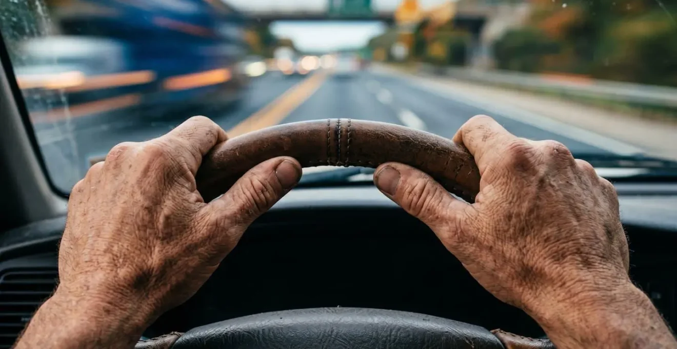 Close-up of driver's hands on steering wheel with blurred highway ahead