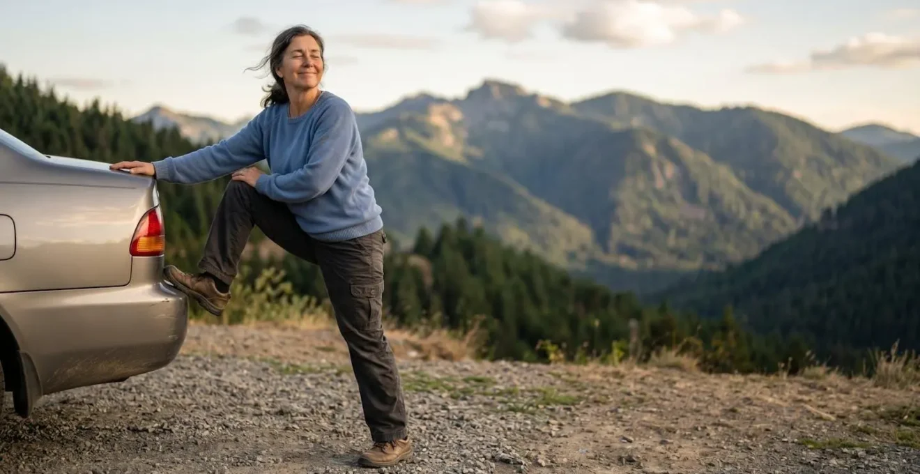 Person performing leg stretches beside their car at a scenic mountain rest area