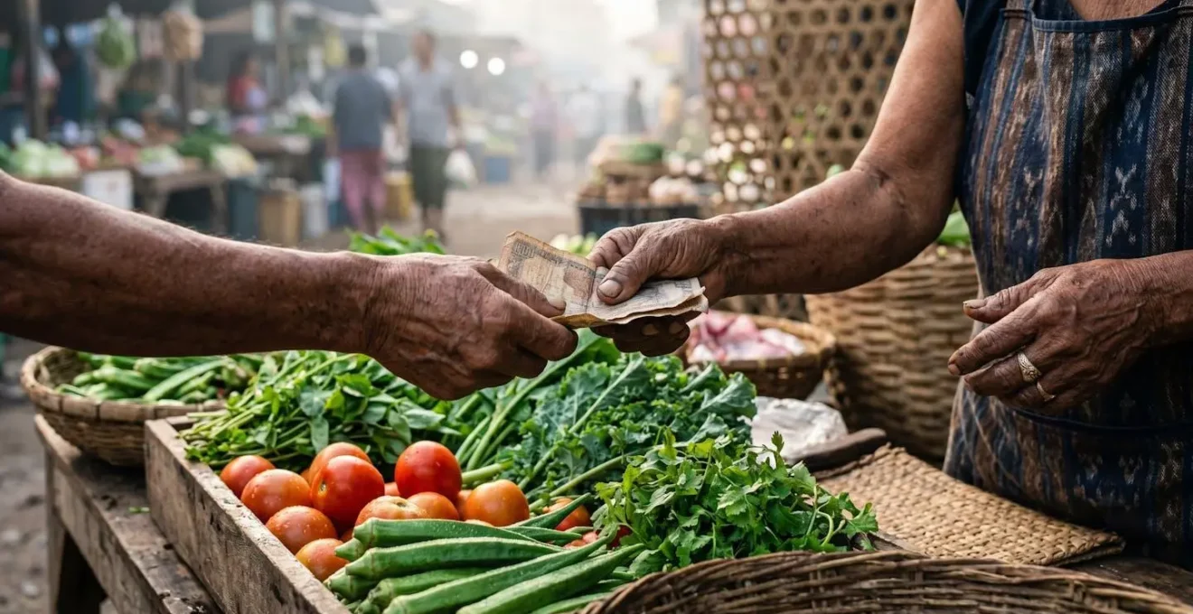 Dawn light illuminating local market with authentic traders and fresh produce