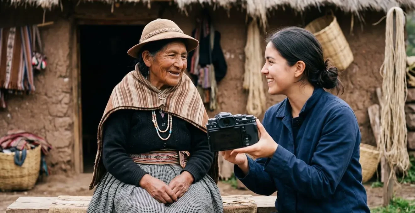Indigenous elder with photographer showing camera back asking permission