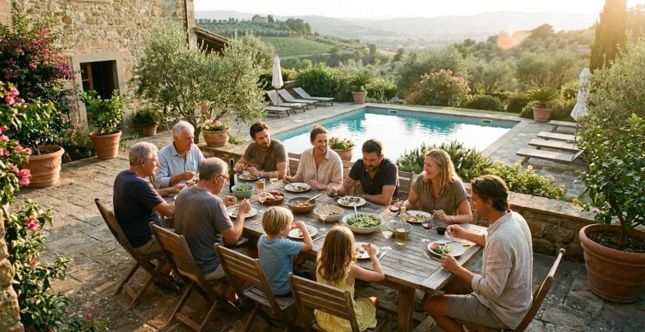 Extended family gathered around an outdoor dining table on a villa terrace at sunset, partial pool visible in background, relaxed casual moment