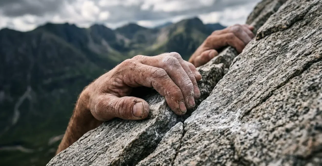 Close-up of tired climber's hands gripping a coarse granite rock face in Glencoe, showing muscle tension and chalk residue.