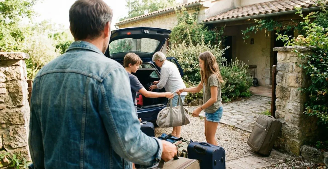 Family with teenagers unloading suitcases from a car in a villa driveway, excitement visible in body language