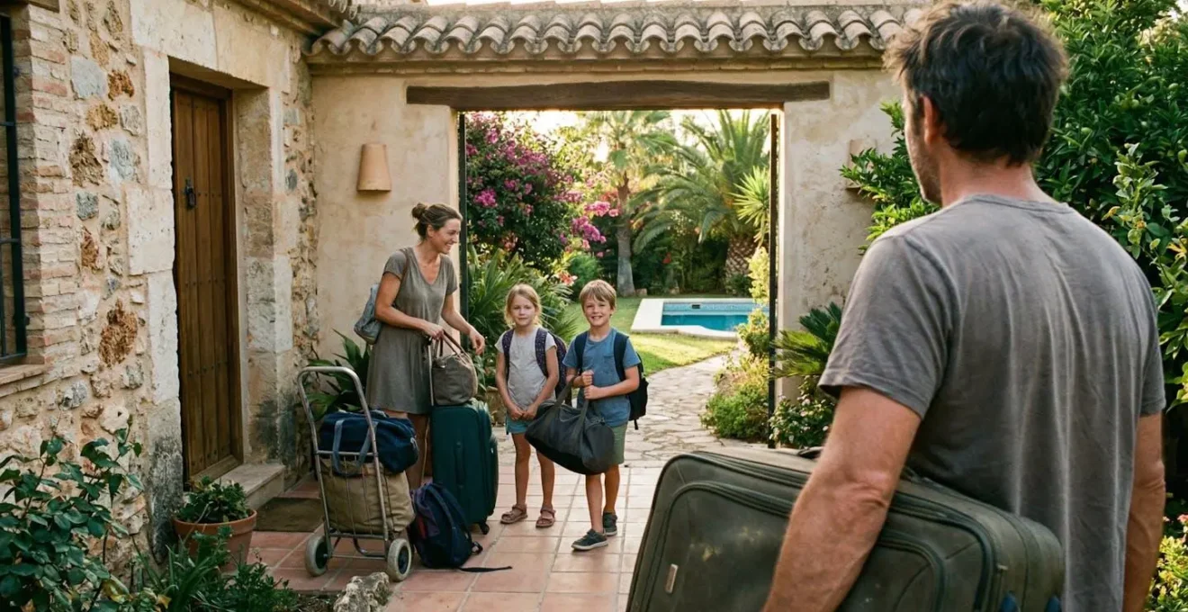 A family seen from behind unloading luggage near a sunny villa terrace, with a glimpse of a swimming pool and garden in soft afternoon light