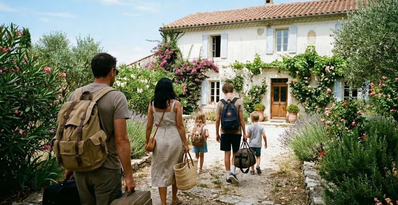 A family group seen from behind walking towards a whitewashed French coastal villa with luggage, afternoon summer light casting long shadows across the garden path