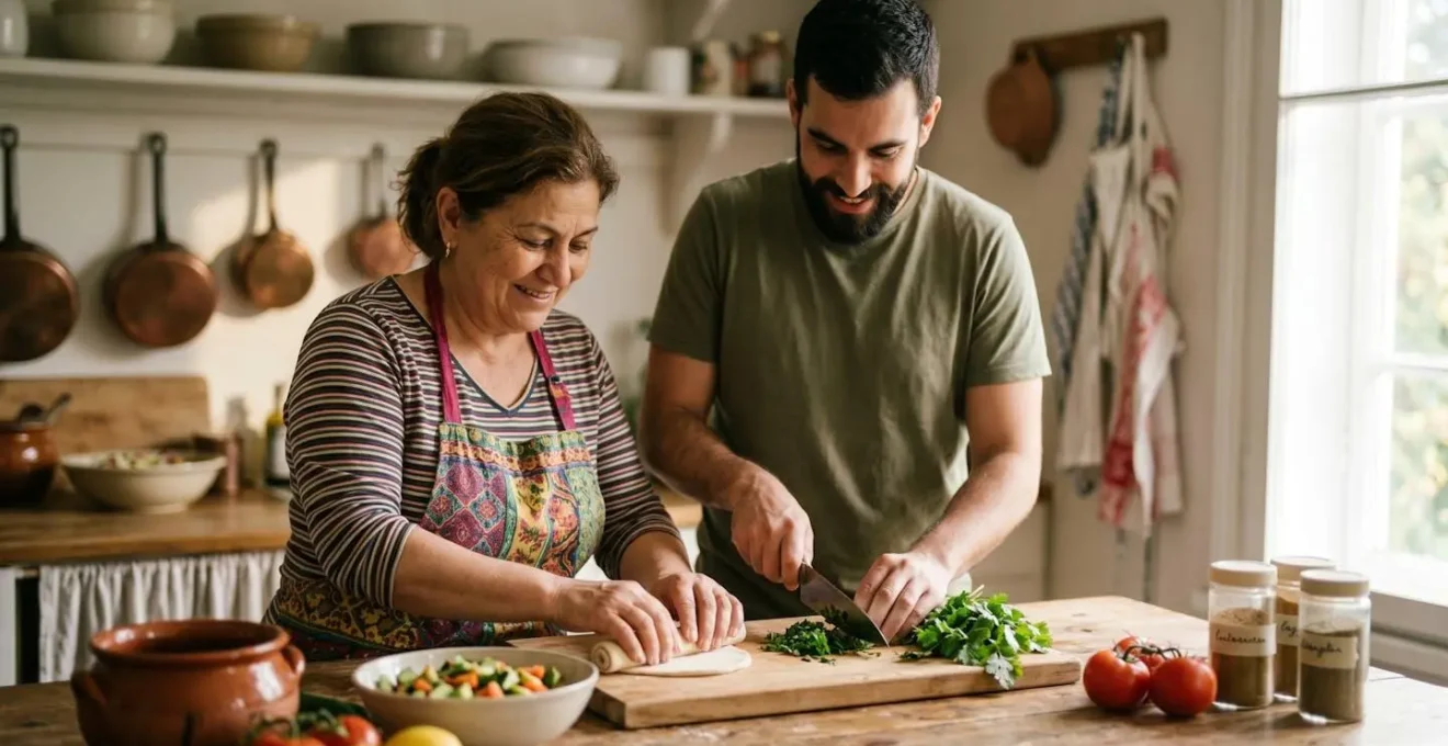 Host family and guest cooking together in a home kitchen