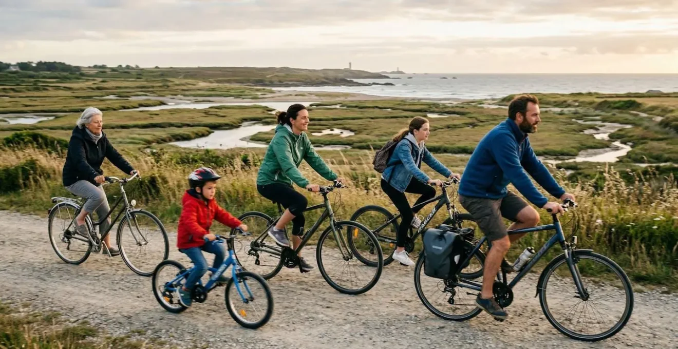 A family group cycling together along a flat coastal path bordered by salt marshes, bikes of various sizes visible in candid mid-ride motion