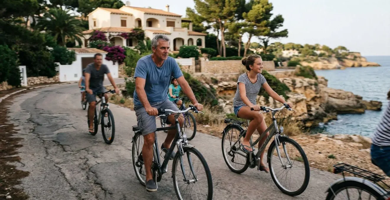 A group of people of different ages cycling along a coastal path with a house visible in the background.