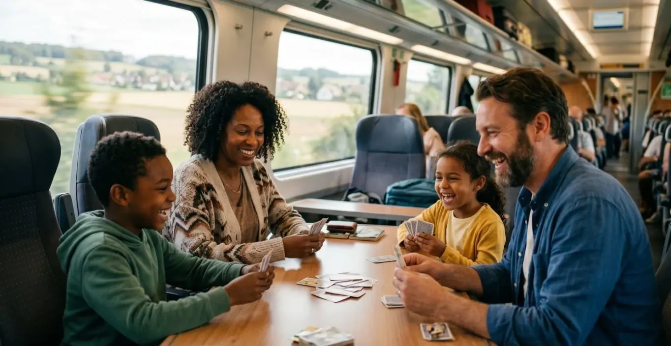 Family of four seated at train table with scenic countryside passing by window