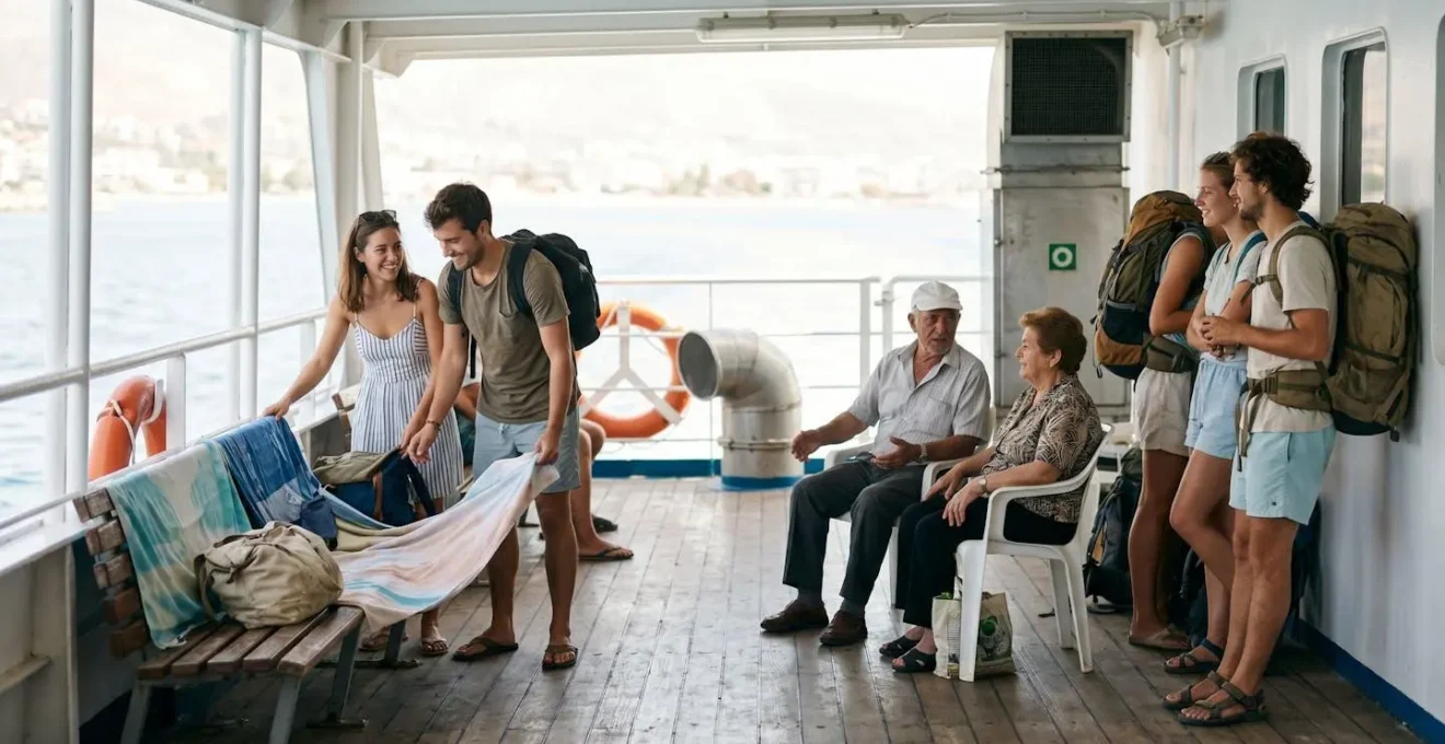 Travelers claiming shaded spots on a crowded Greek ferry deck during a Mediterranean crossing.