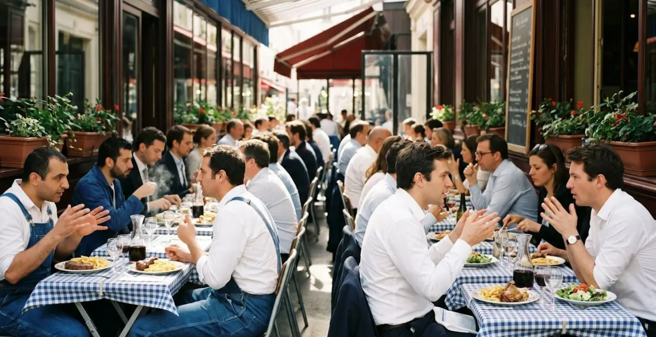 Bustling French bistro terrace at lunchtime with local workers enjoying their meal