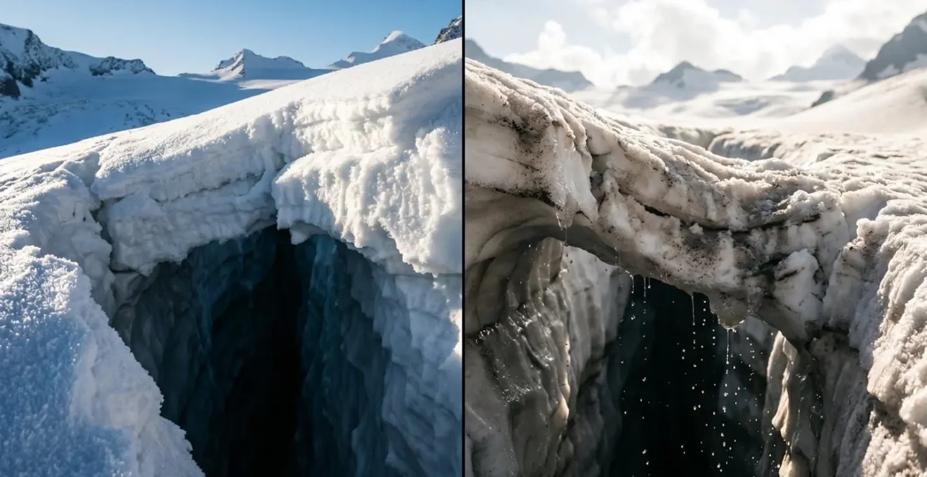 Split view showing strong morning vs weak afternoon snow bridge conditions over crevasse