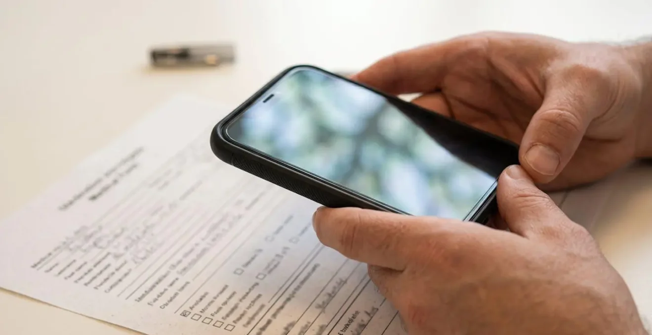 Hands holding smartphone over medical form showing translation overlay