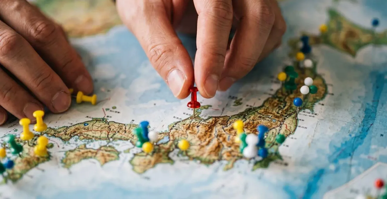 Overhead view of a traveler's hands organizing color-coded pins on a large paper map of Japan spread across a table.