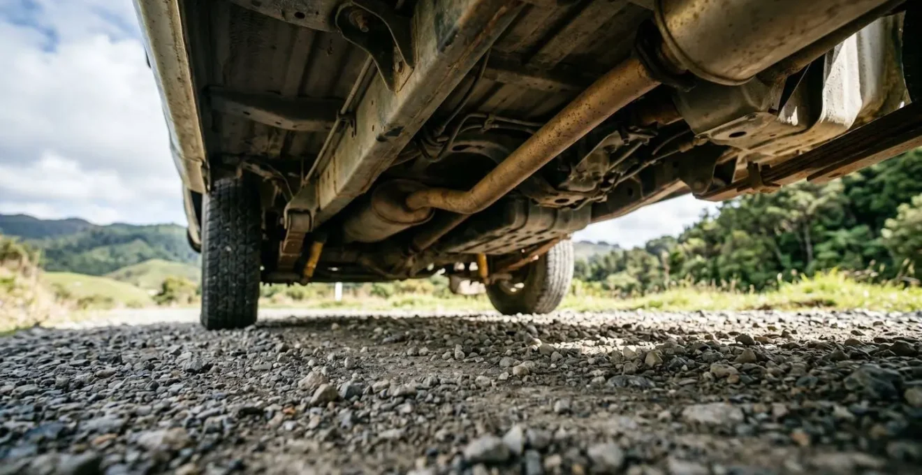 Low angle view showing the vulnerable underside of a campervan above a rough gravel road surface