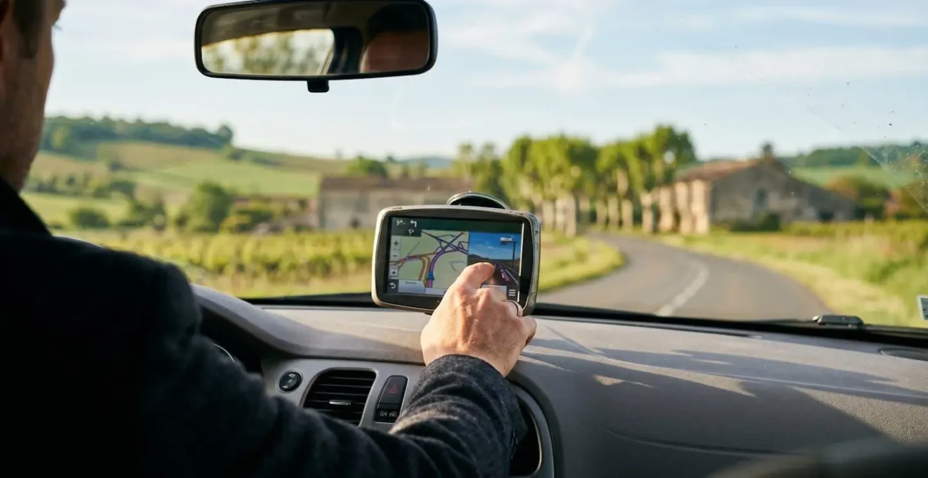 Close-up of hands adjusting a GPS navigation device displaying a French road map with multiple route options