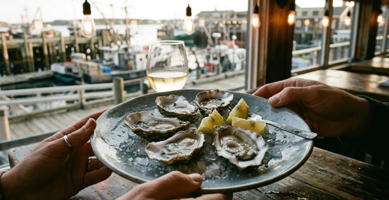 Hands holding fresh oysters on a rustic plate at a harbourside table, glass of white wine visible