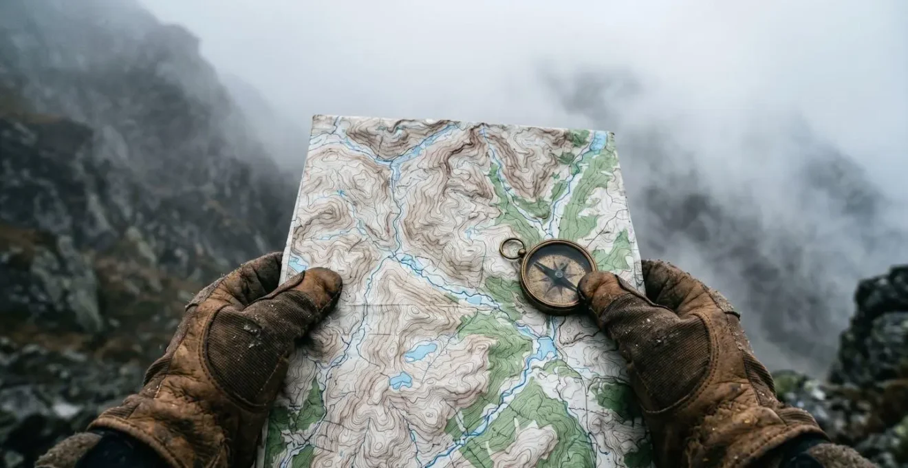 Hiker examining folded topographic map at misty mountain col