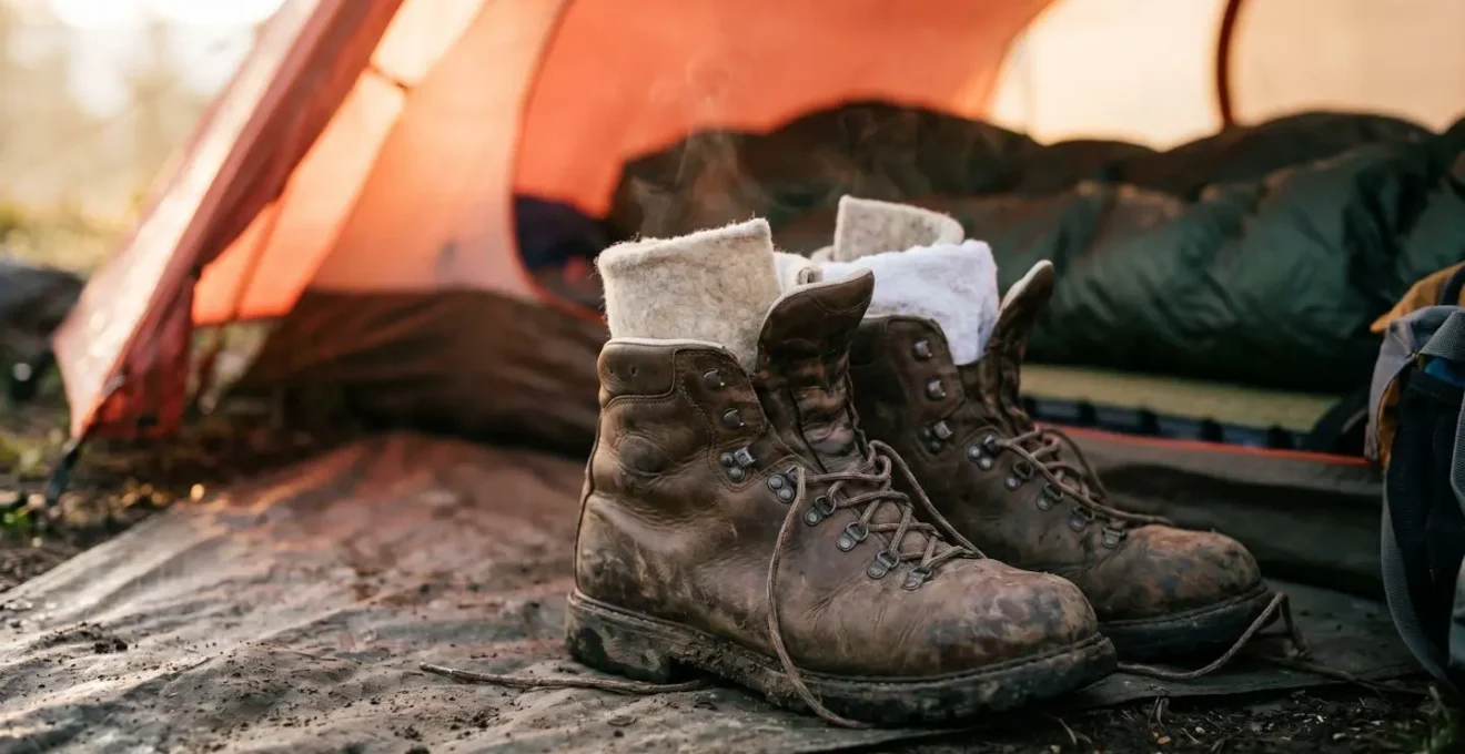 Close-up of hiking boots stuffed with dry materials positioned near tent in low morning light