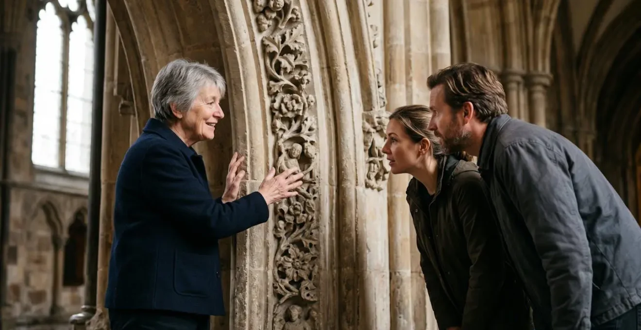 Local historian pointing out architectural details to small group in cathedral