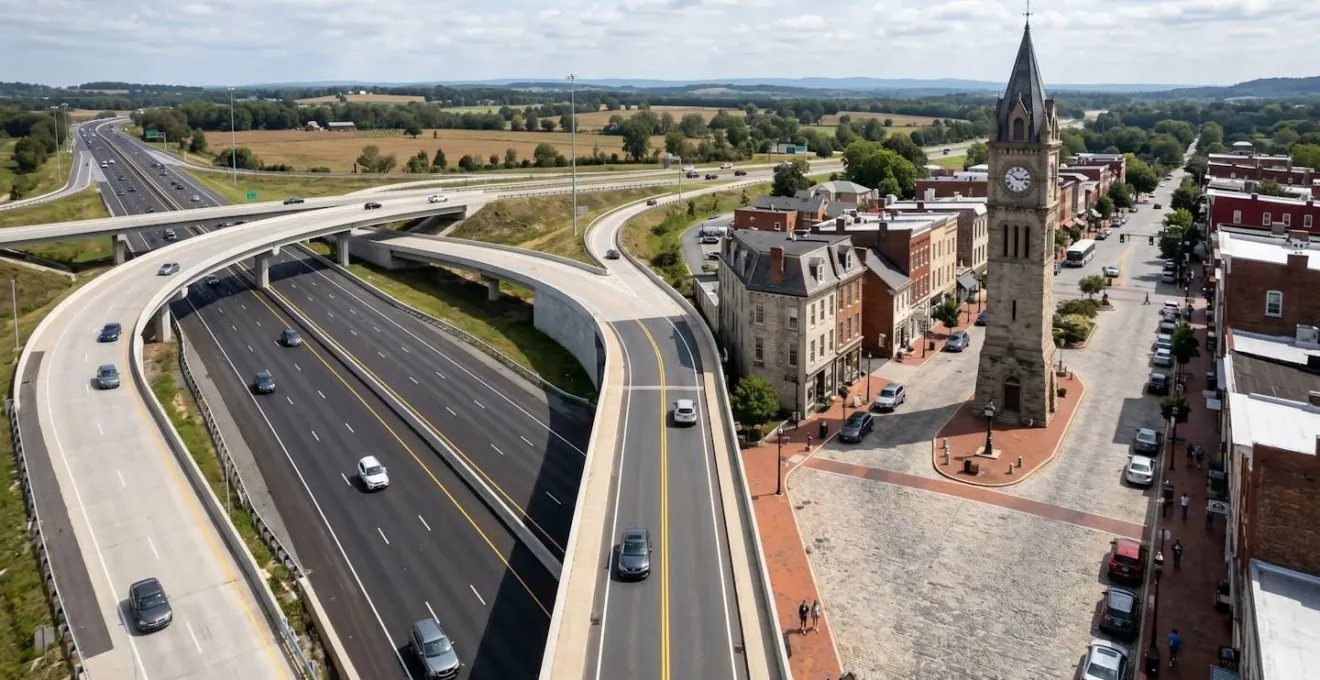 Aerial view of a charming historic town center with visible parking areas near a highway exit