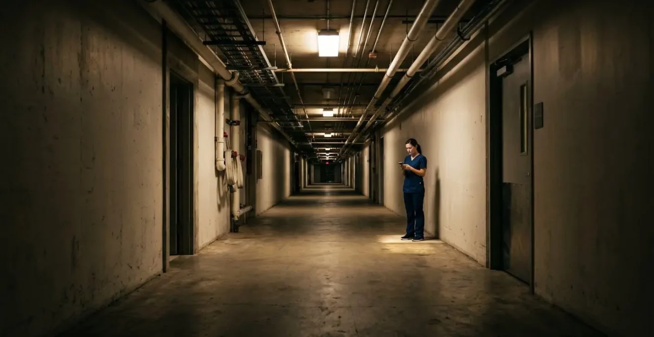 Underground hospital corridor with a medical professional looking at their phone with no signal