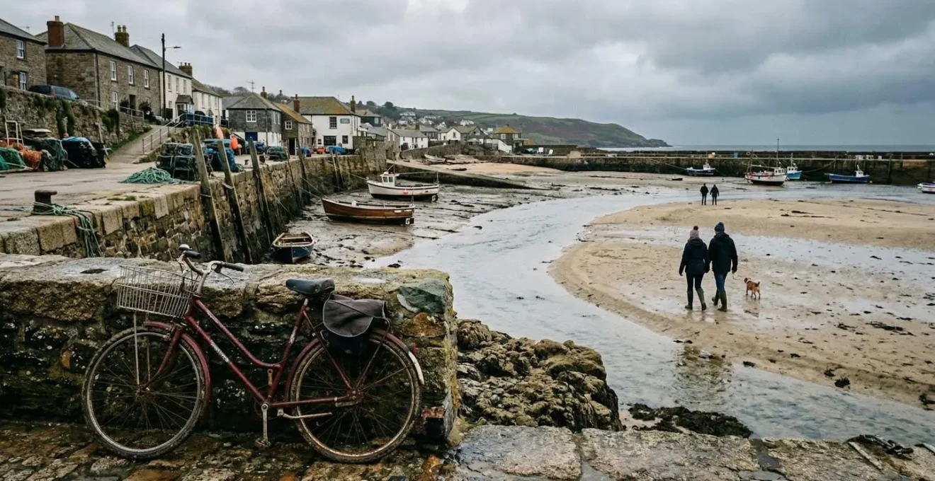 People walking across exposed sand at low tide while a bicycle rests against a harbour wall in the distance.