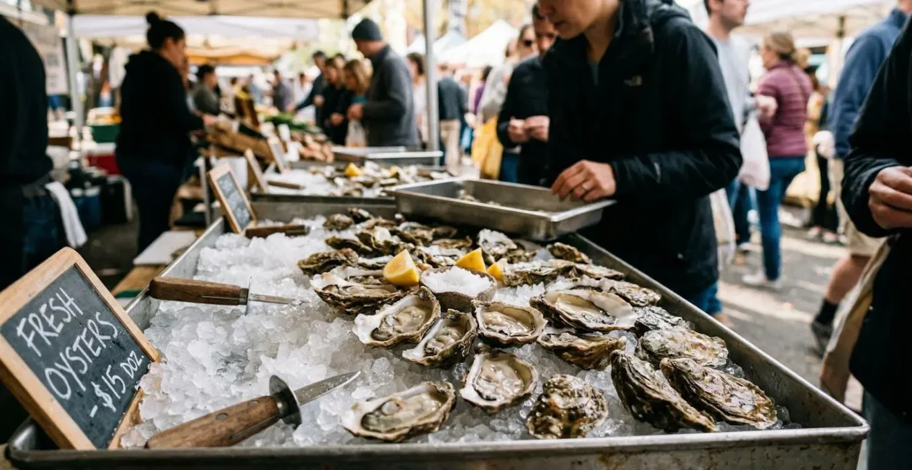 Close-up of fresh oysters on ice at a market stall with people browsing in the background.