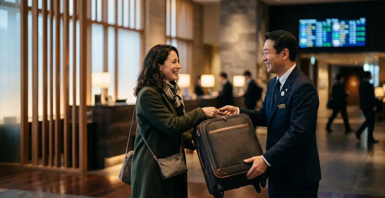 A relieved traveler smiles while handing luggage to a concierge in a modern Japanese hotel lobby with a train schedule display in the background.