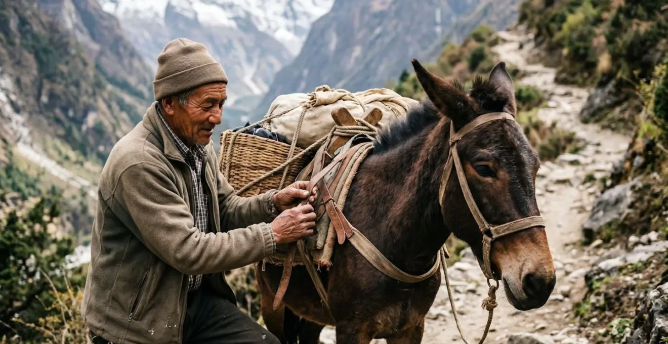 A local guide with pack animals providing last-mile transportation to an isolated mountain community.