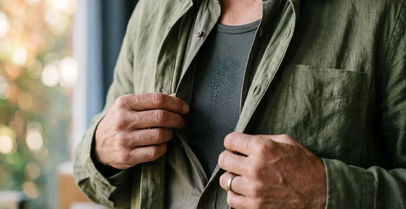 Traveler adjusting lightweight cardigan while entering air-conditioned building from sunny street