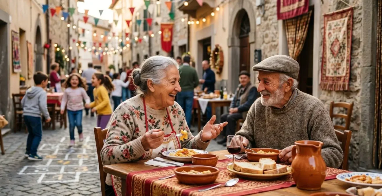 Locals gathering at an authentic neighborhood festival with traditional decorations
