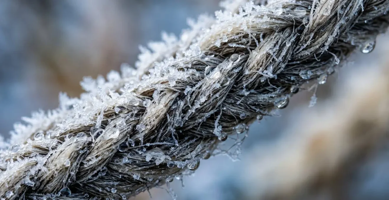 Extreme close-up of merino wool fibers showing natural crimp and texture with water beads