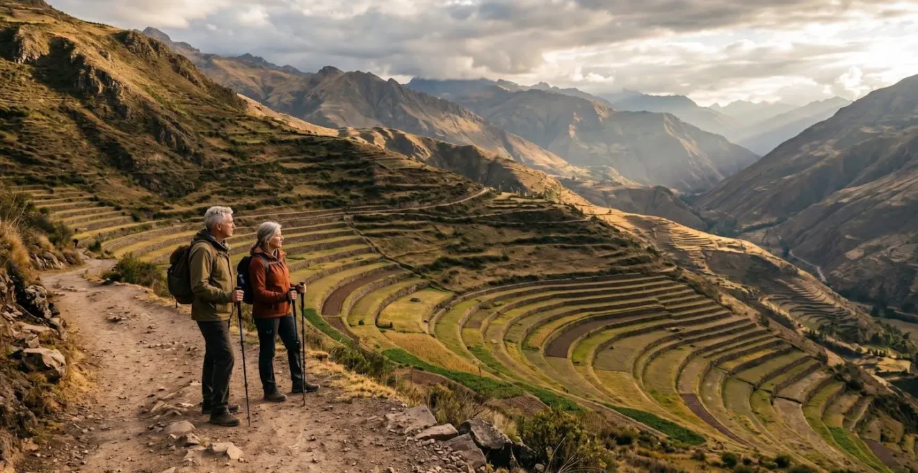 Mature hikers on Andean trail with ancient agricultural terraces and mountain peaks in Sacred Valley