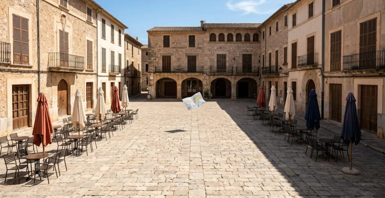 An empty Mediterranean town square during midday, with dramatic shadows and closed shutters, conveying a sense of quiet and heat.
