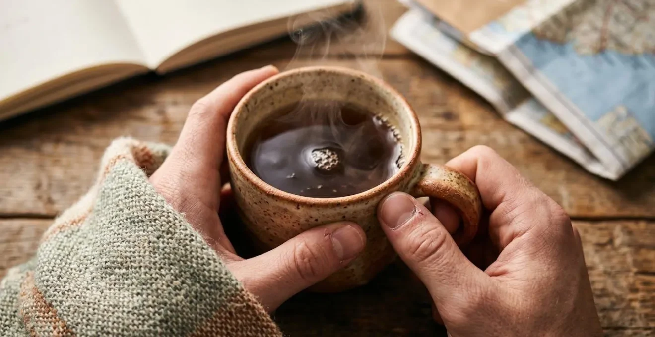 Traveler performing morning tea ritual with familiar items in hotel room creating peaceful sanctuary