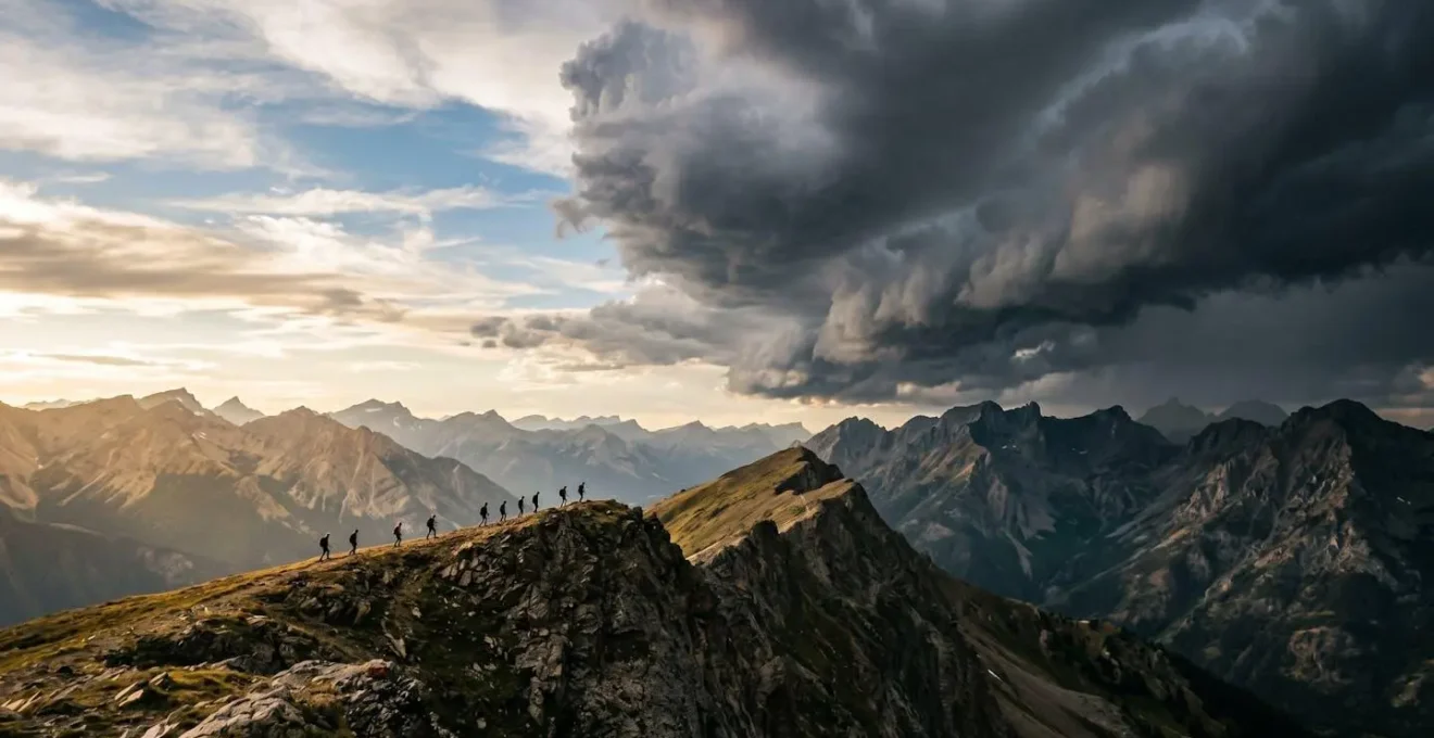 A dramatic mountain ridgeline with tiny hikers silhouetted against the sky as dark storm clouds build in the afternoon.