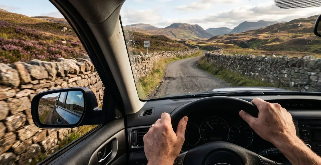 A single-track road with stone walls and a passing place in the Scottish highlands, seen from the driver's perspective.