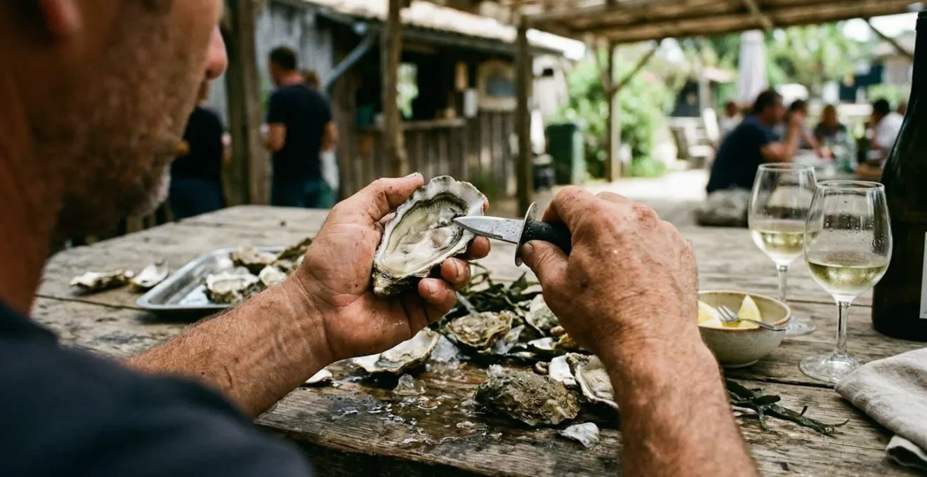 Hands opening fresh oysters at a weathered wooden table outdoors, wine glasses partially visible, oyster shells scattered naturally on the surface