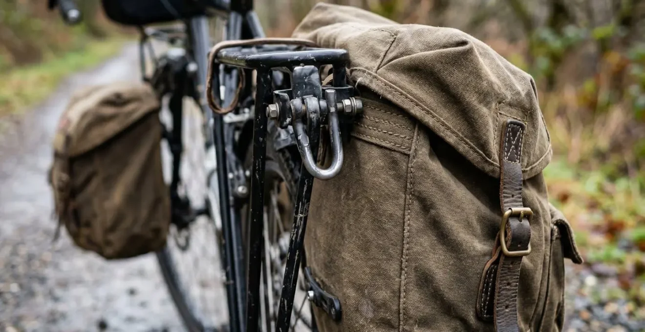 Close-up view of properly loaded touring bike panniers showing balanced weight distribution