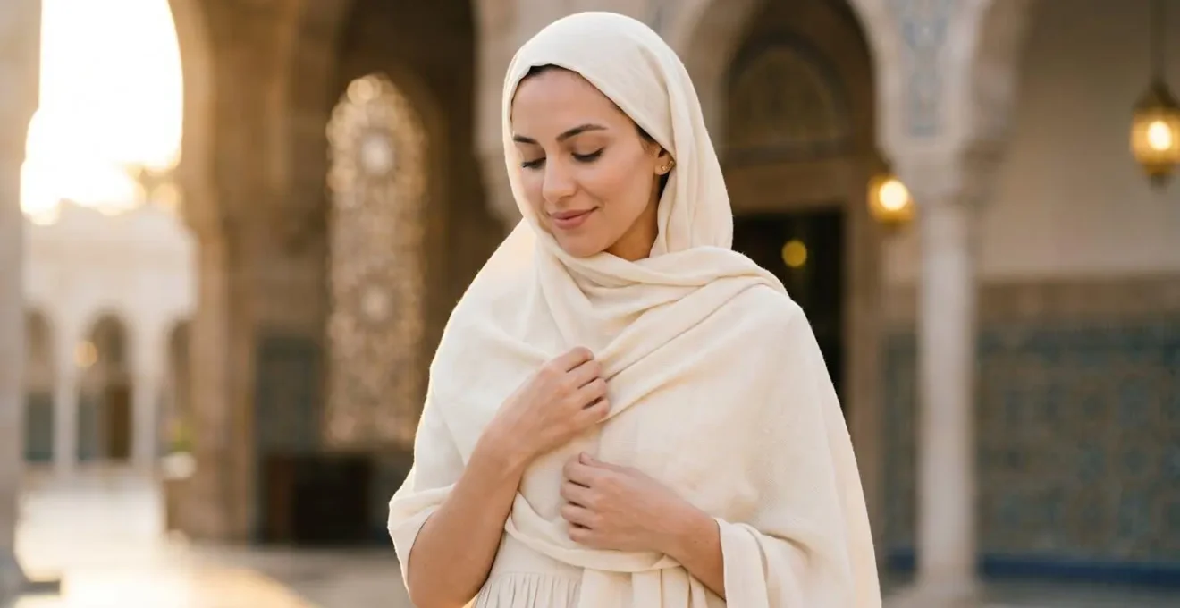 Woman demonstrating three different pashmina draping styles for mosque coverage
