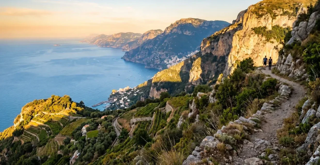Hikers on mountain trail overlooking coastal villages at sunrise
