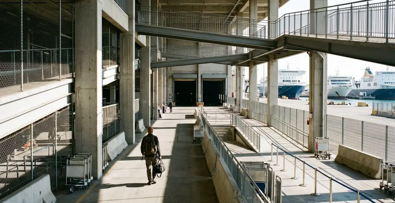 Backpackers looking confused while navigating the complex signs and gates of the busy Piraeus ferry port terminal in Greece.