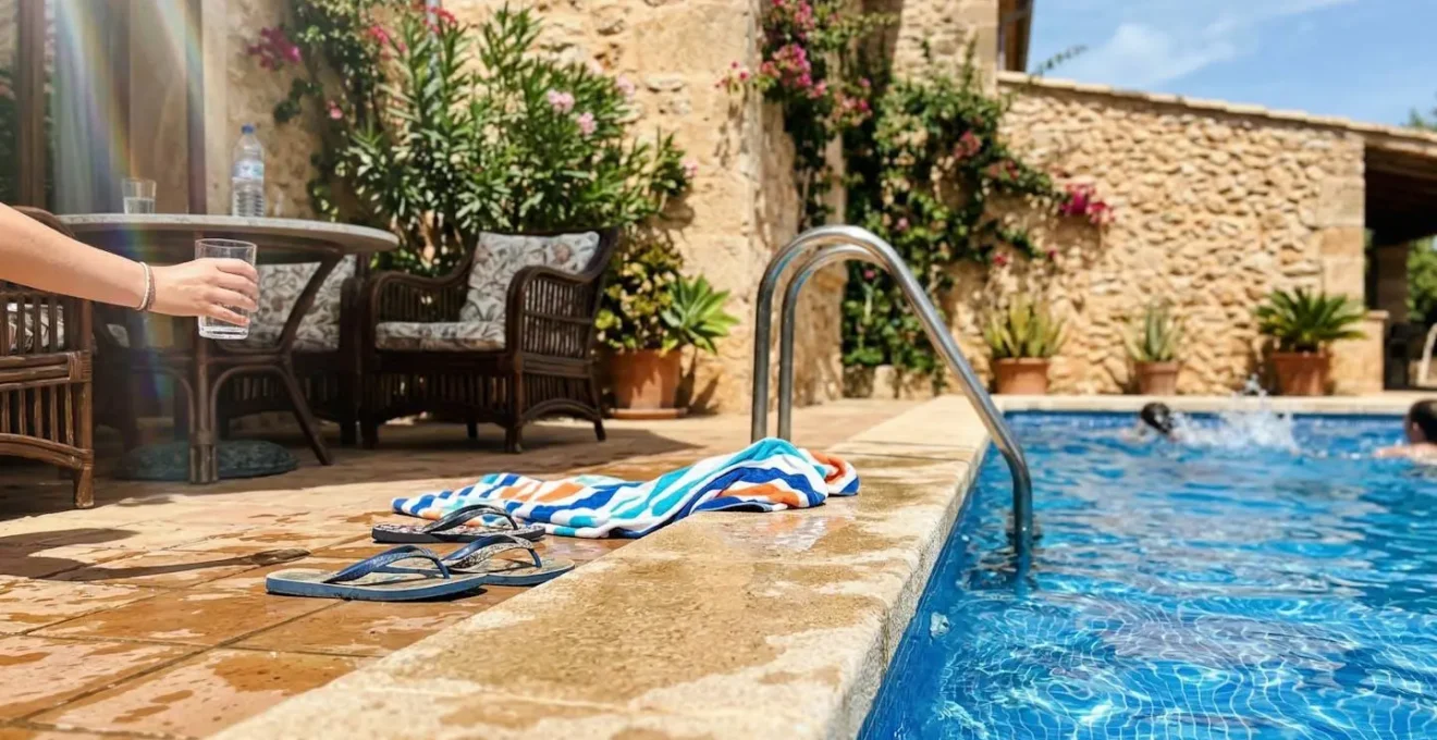 Edge of a private swimming pool with terrace furniture and partial view of a stone villa wall, summer plants in foreground, no visible people