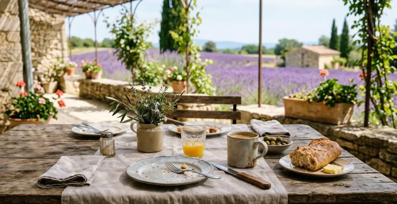 A wooden table set with croissants, coffee, and jam on a shaded terrace, with blurred lavender fields visible in the background