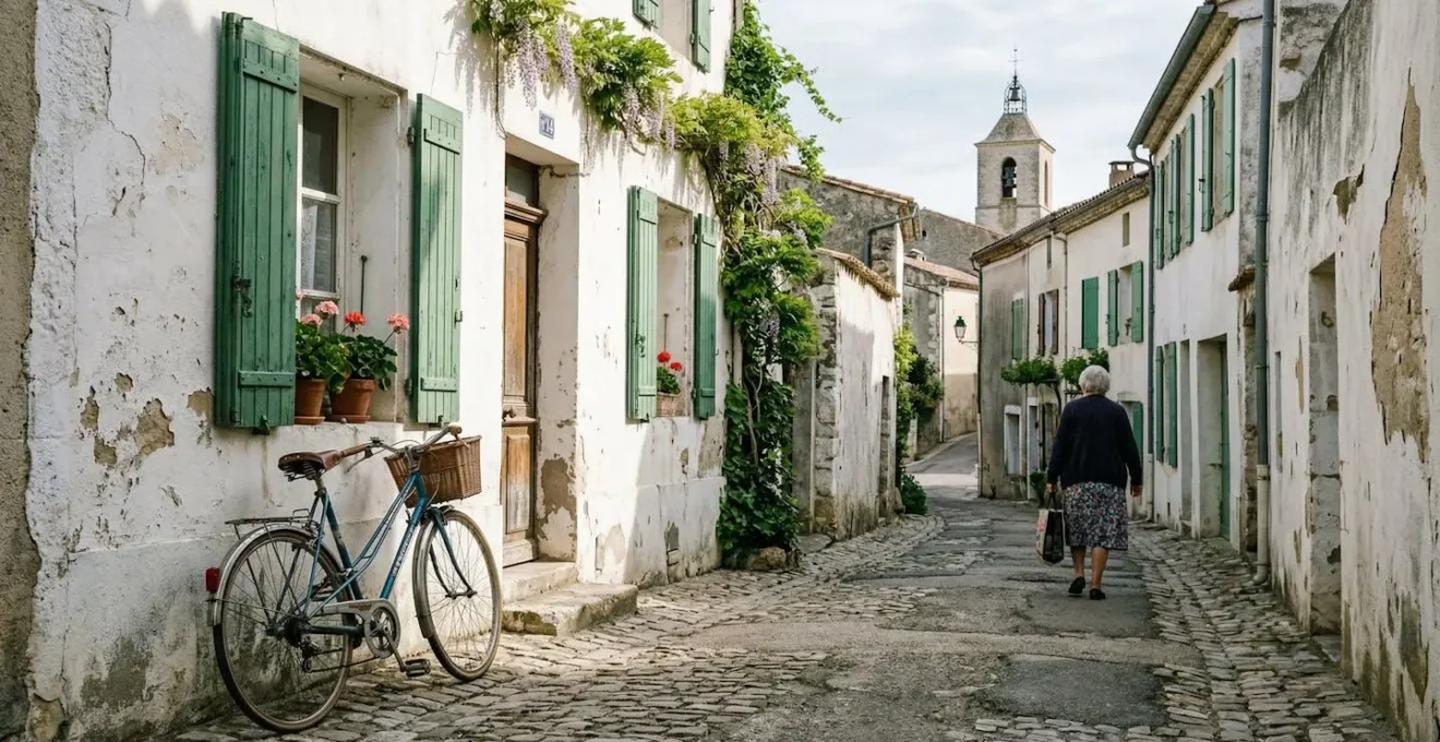 A quiet village street with typical Île de Ré architecture showing white walls and green shutters, a bicycle leaning against a wall, soft morning light