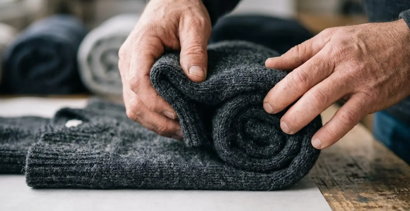 Hands demonstrating the ranger roll technique on a merino wool sweater