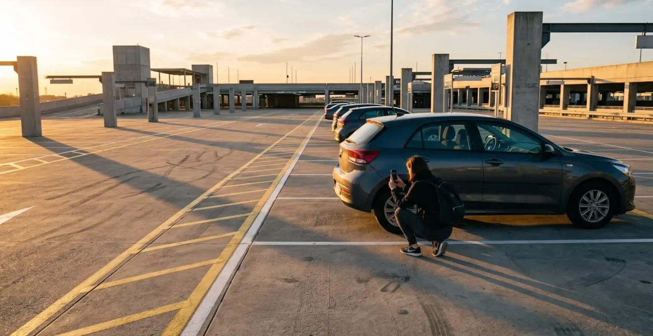 Person meticulously photographing a rental car with a smartphone for evidence before driving away.