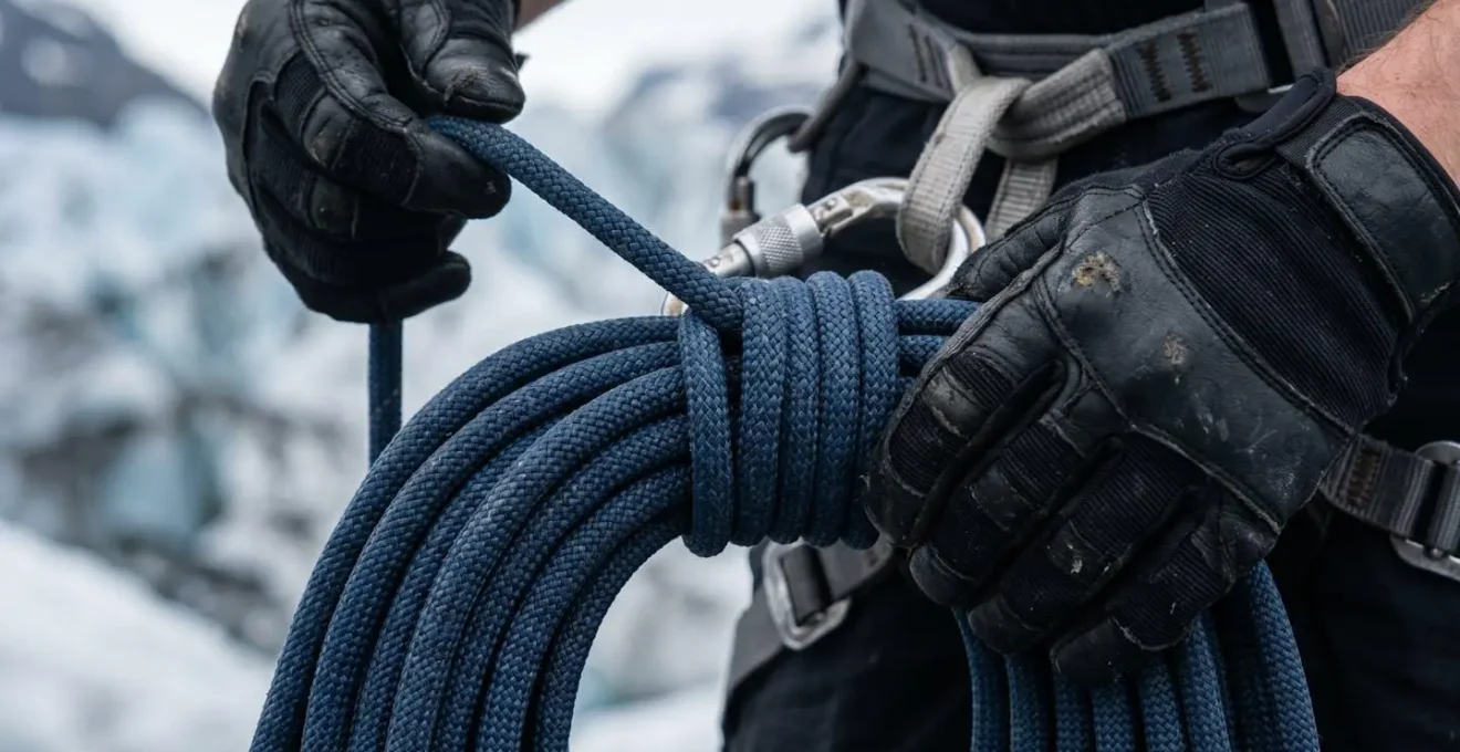Climber demonstrating proper Kiwi coil rope management technique on glacier
